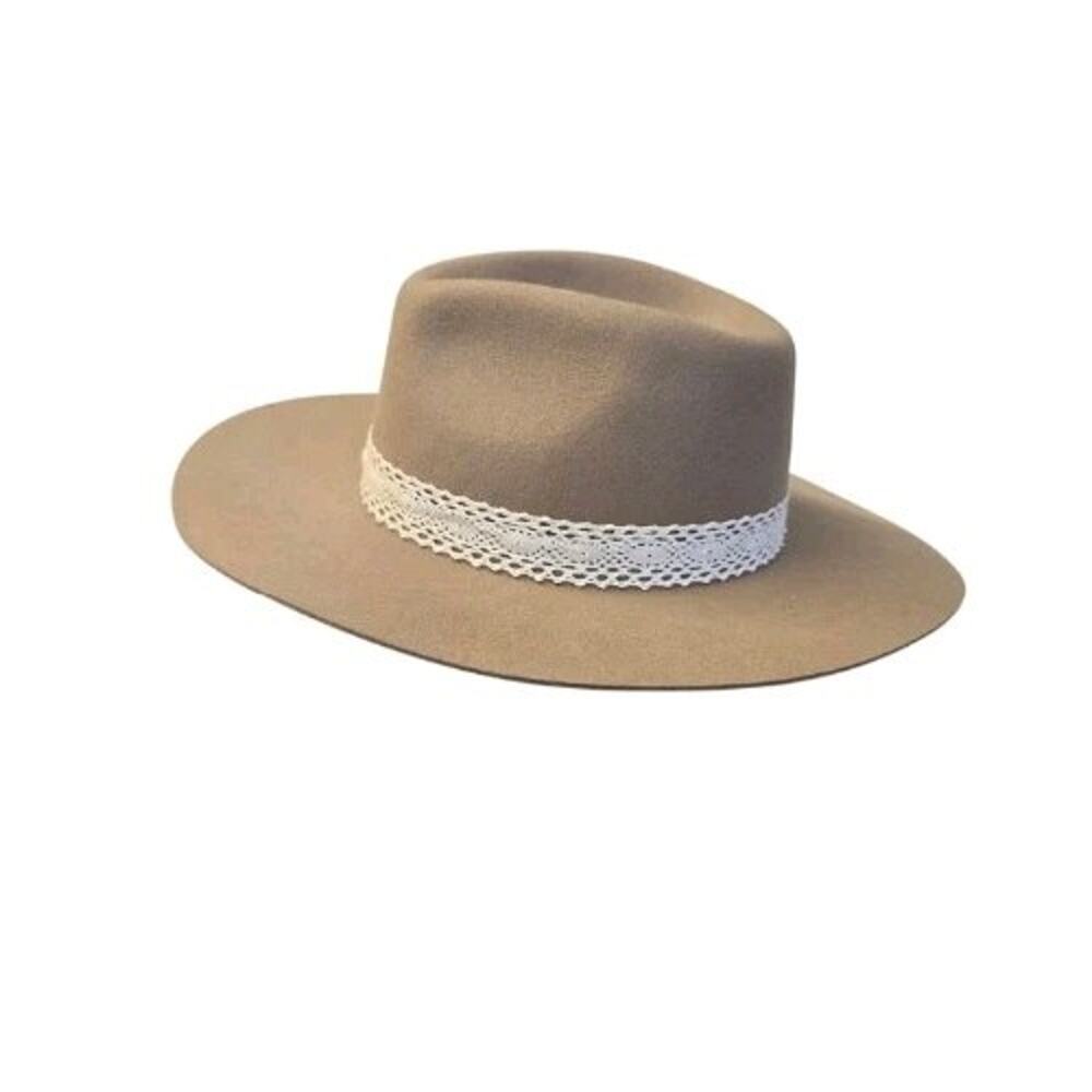 WYETH Anthropologie Wool Rancher Hat Wide Brim Fedora Tan Crochet Lace Band Boho